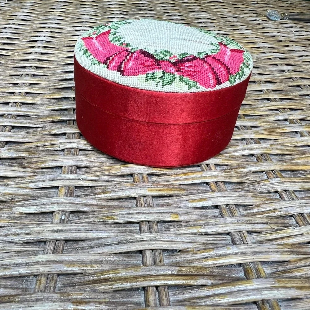 Vintage Red Satin & Tapestry Trinket Box Christmas Box
